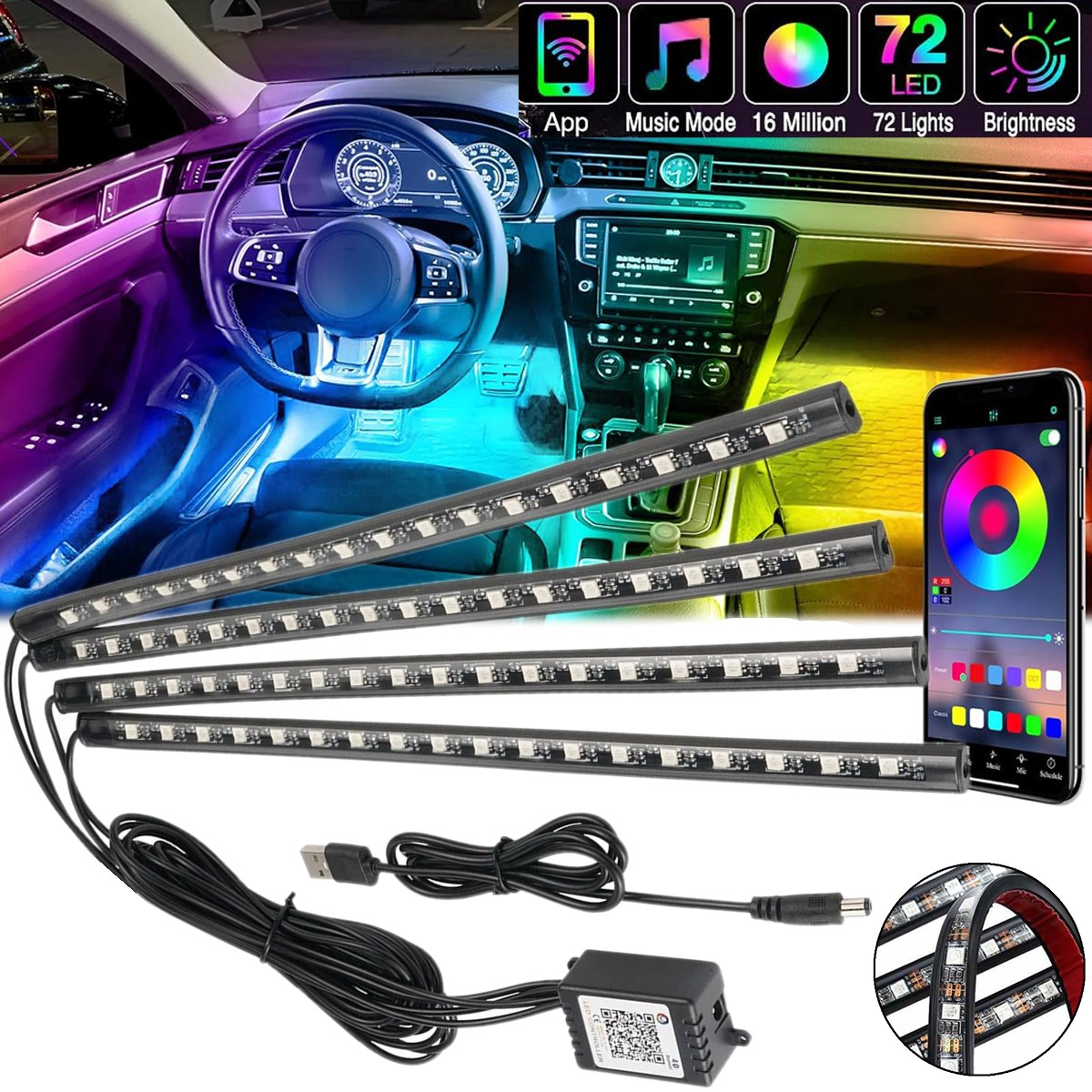 4PCS 72 LED RGB Car Interior A - огляд і ціна Led Ambient Interior Car Lights App Control